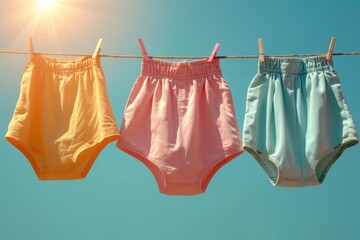 Vintage pastel-colored women's knickers hang on a rack against a clear blue sky, basking in the warm sunshine. - obrazy, fototapety, plakaty