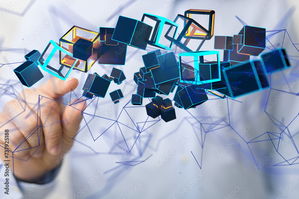 Poster Global network. Blockchain. 3D illustration. Neural networks and artificial intelligence. Abstract  - neural network exposure digital