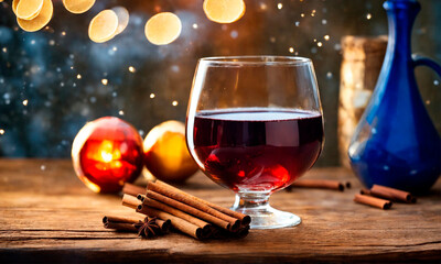 glasses with mulled wine and spices. Selective focus.