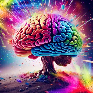 Brain Human Science Intelligence Idea illustration. A vibrant multicolored brain surrounded by a burst of confetti, forming a lively and dynamic scene