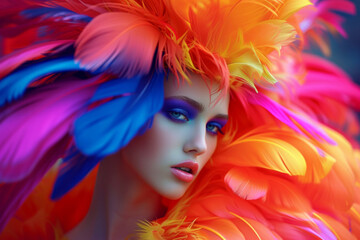 Obraz na płótnie Canvas Beautiful fashionable glamorous girl in a large multi-colored feather hat. Colorful clothes. Fashion and beauty concept. Shocking fashion. Close-up portrait.