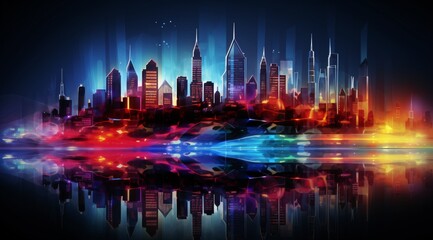 a city skyline with lights reflecting on water - obrazy, fototapety, plakaty
