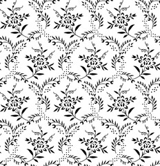 Seamless floral pattern with decorative rustic meadow. Romantic ditsy print, botanical background with small hand drawn plants, white flowers, leaves on a surface. Vector illustration.
