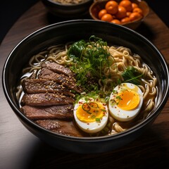 a bowl of ramen with meat and eggs