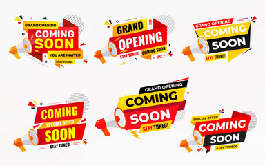 Coming Soon Sale Banner set vector template. Grand Opening vector graphic element. Super shop label Promo design. Product opening festival background collection.