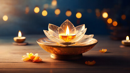 Illuminated flower-shaped oil lamps for celebration of International Vesak Day.
