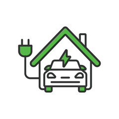 Electric Car Charging at Home icon line design green. Car, home, charge, vehicle, ev, electric, charger, isolated on white background vector. Electric Car Charging at Home editable stroke icon.