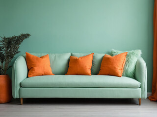 Close-up of a mint green linen sofa with mint green and orange pillows, mint green blank wall background. Interior design, minimalist living room