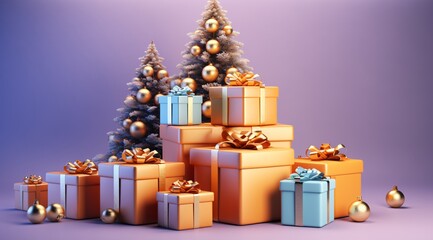 a group of presents and christmas trees