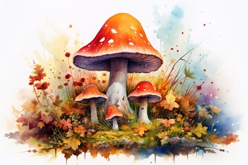 a watercolor painting of mushrooms - obrazy, fototapety, plakaty