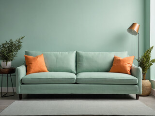 Close-up of a mint green linen sofa with mint green and orange pillows, mint green blank wall background. Interior design, minimalist living room