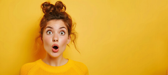 Shocked beautiful girl with open mouth and big eyes. A cute girl looks at the camera in surprise. The girl is dressed in yellow clothes on a yellow background. Place for advertising. - obrazy, fototapety, plakaty