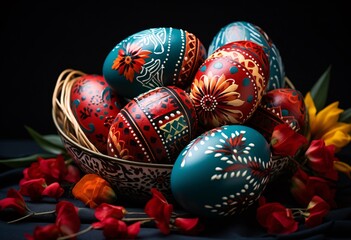a group of painted eggs in a bowl