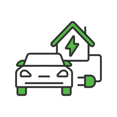 Electric Car Charging at Home icon line design green. Car, home, charge, vehicle, ev, electric, charger, isolated on white background vector. Electric Car Charging at Home editable stroke icon.