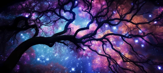 Fotobehang Enchanted forest under starry cosmic sky © thodonal