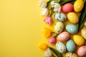 Fototapeta na wymiar Happy Easter Eggs Basket Polychromatic. Bunny in Decorative eggs flower Garden. Cute 3d Tomato Red easter rabbit illustration. Easter plush buddy card wallpaper Abstinence