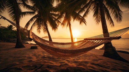 Sunset Serenade: Hammock Swings Gently in the Breeze Beneath Palm Trees
