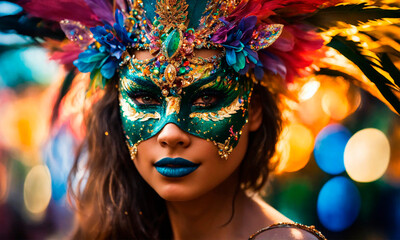 portrait of a woman in a mask at the Brazilian carnival. Selective focus.