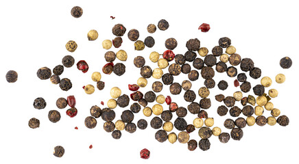 Black, Green, White, and Pink pepper seeds, pile of aromatic peppercorn spice, dried cooking spicy...