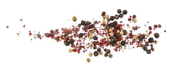 Black, Green, White, and Pink pepper seeds, pile of aromatic peppercorn spice, dried cooking spicy...