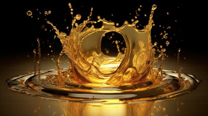 Golden oil splash, Freeze Motion Shot of Oil Vortex Splash Liquid Isolated on Black
