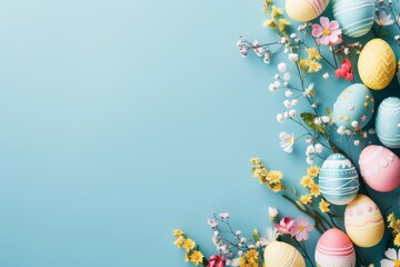 Happy Easter Eggs Basket Lush Green. Bunny in easter jasmine flower Garden. Cute 3d foxgloves easter rabbit illustration. Easter Aegean blue card wallpaper easter marigold - obrazy, fototapety, plakaty