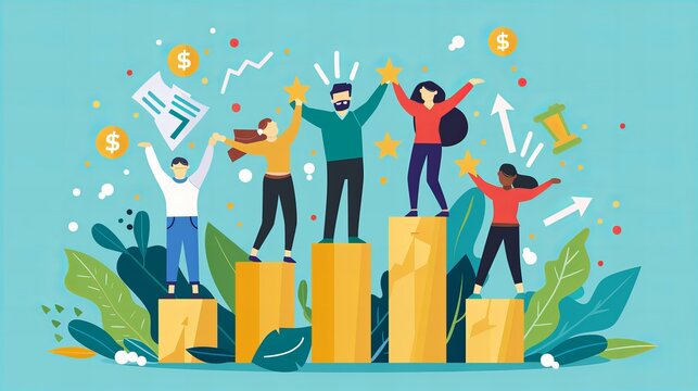 illustrations of the business team celebrating a success, joyful celebration