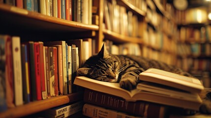 A striped cat lies atop a pile of books in a well-stocked bookstore, presenting an inviting scene for book lovers and cat enthusiasts alike, suitable for designs related to reading, comfort