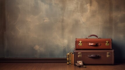 Vintage suitcases on old wall. Travel background - obrazy, fototapety, plakaty