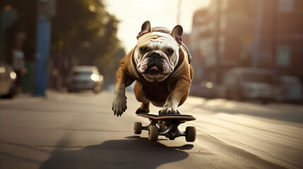 A bulldog riding skateboard