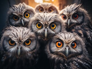 a group of owls looking at the camera