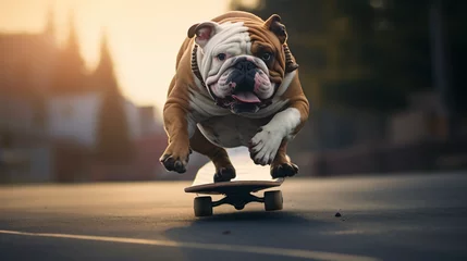Afwasbaar fotobehang A bulldog riding skateboard © levit