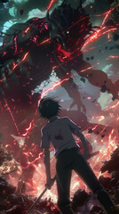 Anime scene High school boy with spirit sword fights against mutating monsters - obrazy, fototapety, plakaty