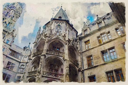 Town Hall (Rathaus) on Marienplatz, Munich, Bavaria, Germany. View from the courtyard. Watercolor painting.