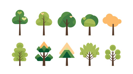 Diverse set of stylized trees. Natural illustration.