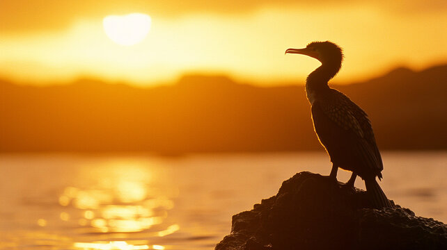 A Socotra cormorant framed against a sunset sky