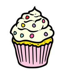 A cute pink cupcake with white frosting on top with colorful candy topping