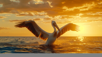 A pelican spreading its wings in a coastal breeze
