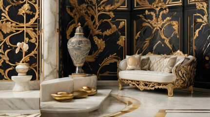 black and white with golden lining  embedded on the marble full frame  design and decoration in...