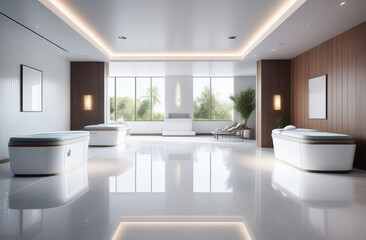 Fototapeta na wymiar interior of luxury spa salon with a pool, neutral white colors, big windows, fresh plants