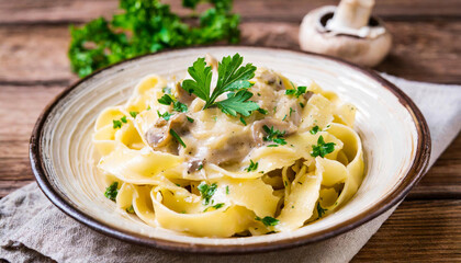 tagiatelle with porcini mushroom cream sauce on a wooden table, parsley  - obrazy, fototapety, plakaty