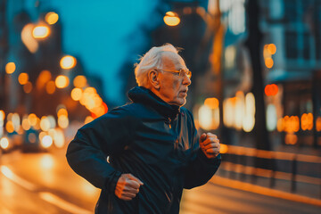 Fototapeta premium Everyday activity is important. Older adult running in city in dusk.