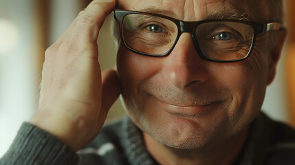 Portrait of a smiling middle-aged man adjusting his glasses
