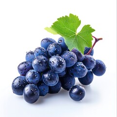 Grape with water drops isolated on white background. Bunch of ripe blue grapes with leaves....