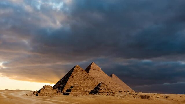Timelapse of sunset at Pyramid complex of Giza, in Cairo, Egypt.