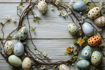 Obraz premium Happy Easter Eggs Basket joy. Bunny in Illustration Process flower Garden. Cute 3d scripted easter rabbit illustration. Easter Floral arrangement card wallpaper rose bloom