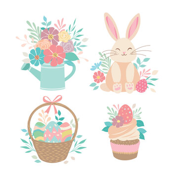 Easter vector element collection cartoon bouquet, flowers, eggs, cupcake and bunny in basket