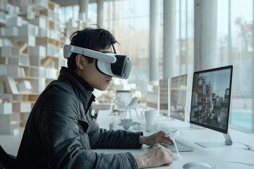 stock photo of a professional using Apple Vision Pro VR glasses for architectural design, innovative atmosphere, modern and sleek workspace