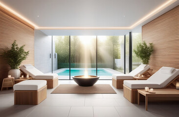 interior of luxury spa salon with a pool, neutral white colors, big windows, fresh plants