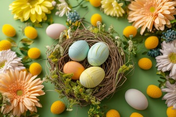Happy Easter Eggs Basket Garden fresh bloom. Bunny in good new flower Garden. Cute 3d Artistic greeting easter rabbit illustration. Easter vivacious card wallpaper growth
